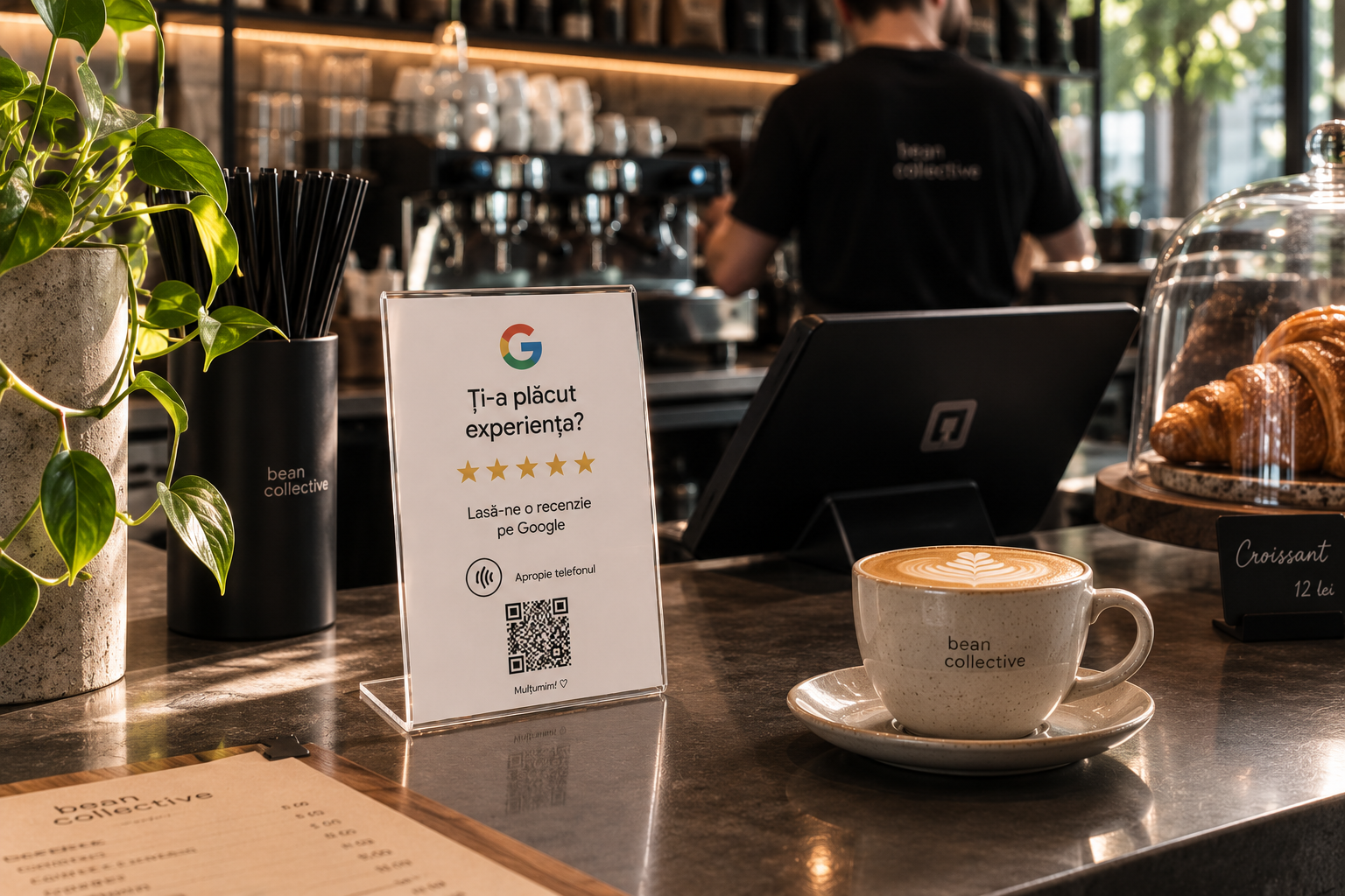 Stand ReviewTap așezat pe tejgheaua unei cafenele, lângă zona de plată